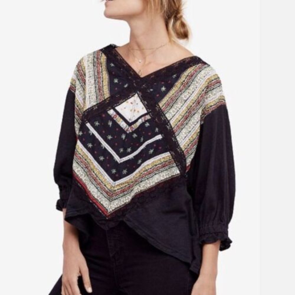 Free People Top Prairie Days 3/4 Sleeve Lace Floral Black Linen Size Medium